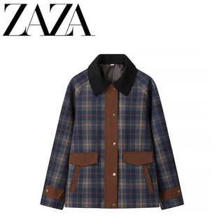 ZAZA 自制欧美风 批发女装时尚百搭气质简约寄出拼接格子夹克外套