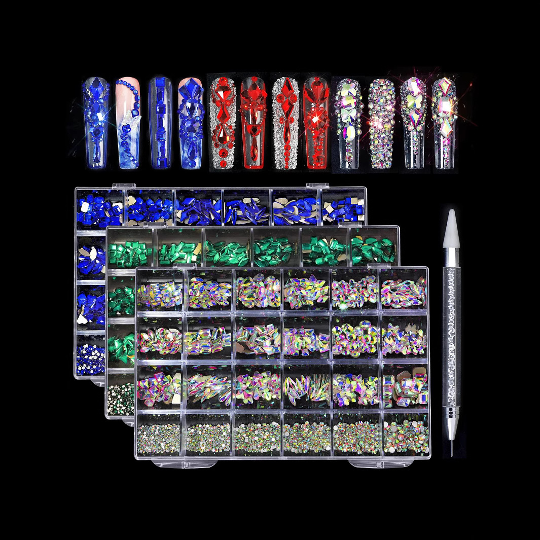 跨境美甲24格水钻宝石饰品套装爆闪ab平底指甲异形钻幻彩装饰批发