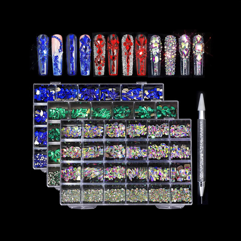 Cross-border nail art 24 grid rhinestone gem jewelry suit burst AB flat bottom nail shaped diamond magic color decoration wholesale
