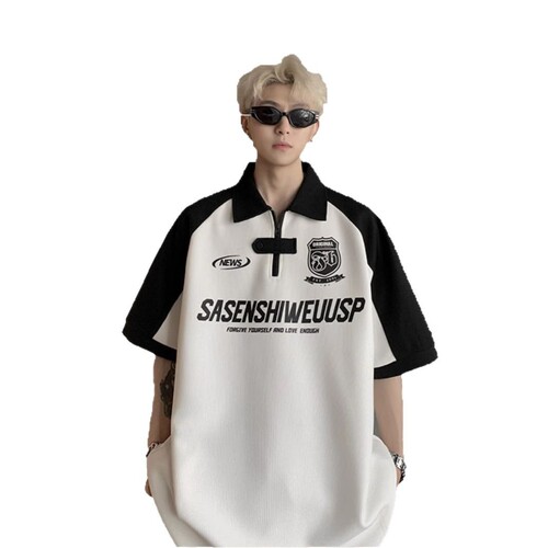 Polo Shirt Men's Summer T-Shirt with Rugged Style, Trendy Design, American Checker Pattern, Half-Zip Top