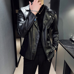 Men's Trendy British Style Retro Stand Collar Casual Motorcycle Leather Jacket Windproof Spring