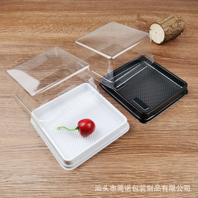 Embalaje para hornear cuadrado caja de pastel de múltiples capas antigua caja de mousse temprano bacterias de ácido láctico tapa transparente fondo blanco y negro