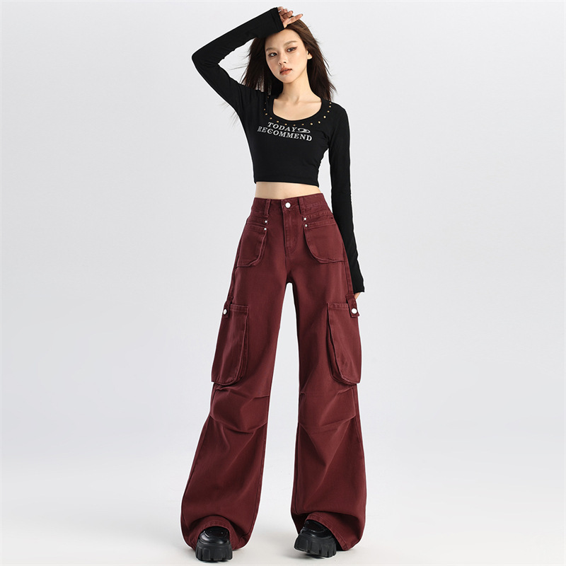 American Retro Angora Red Workwear Jeans for Women, Autumn 2026 New Style, Drapey Wide-Leg Floor-Length Pants American Retro Angora Red Workwear Jeans for Women, Autumn 2026 New Style, Drapey Wide-Leg Floor-Length Pants