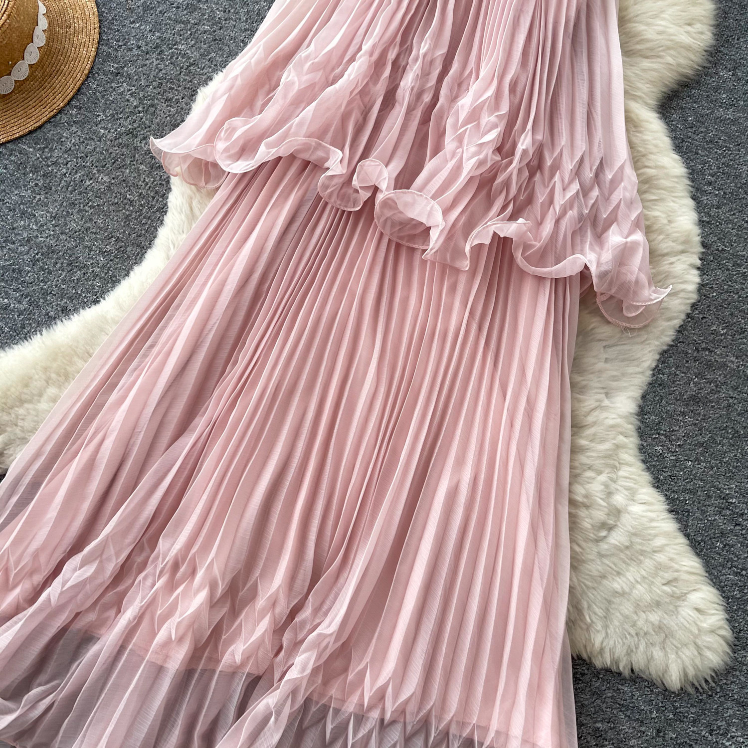 French Style Women's Halter Neck Dress Sleeveless Sweet Youthful Pleated High Waisted Cake Skirt Long Summer Fairy Vacation Dress_ecoleips.com