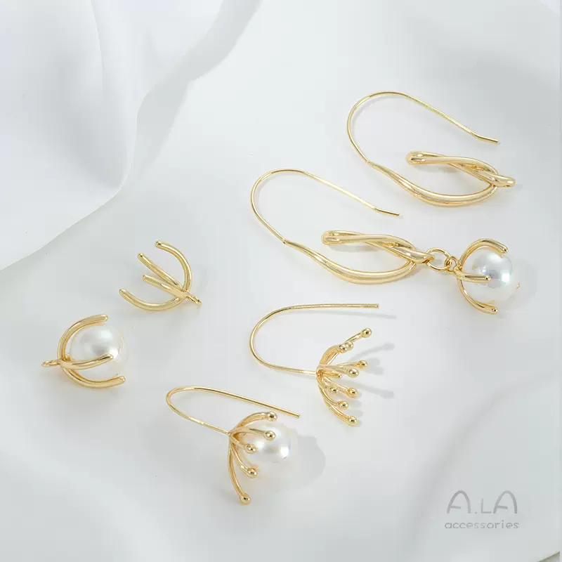 14K包金保色树枝耳钩花蕊珠托耳环手工diy粘珍珠耳饰配件手作材料