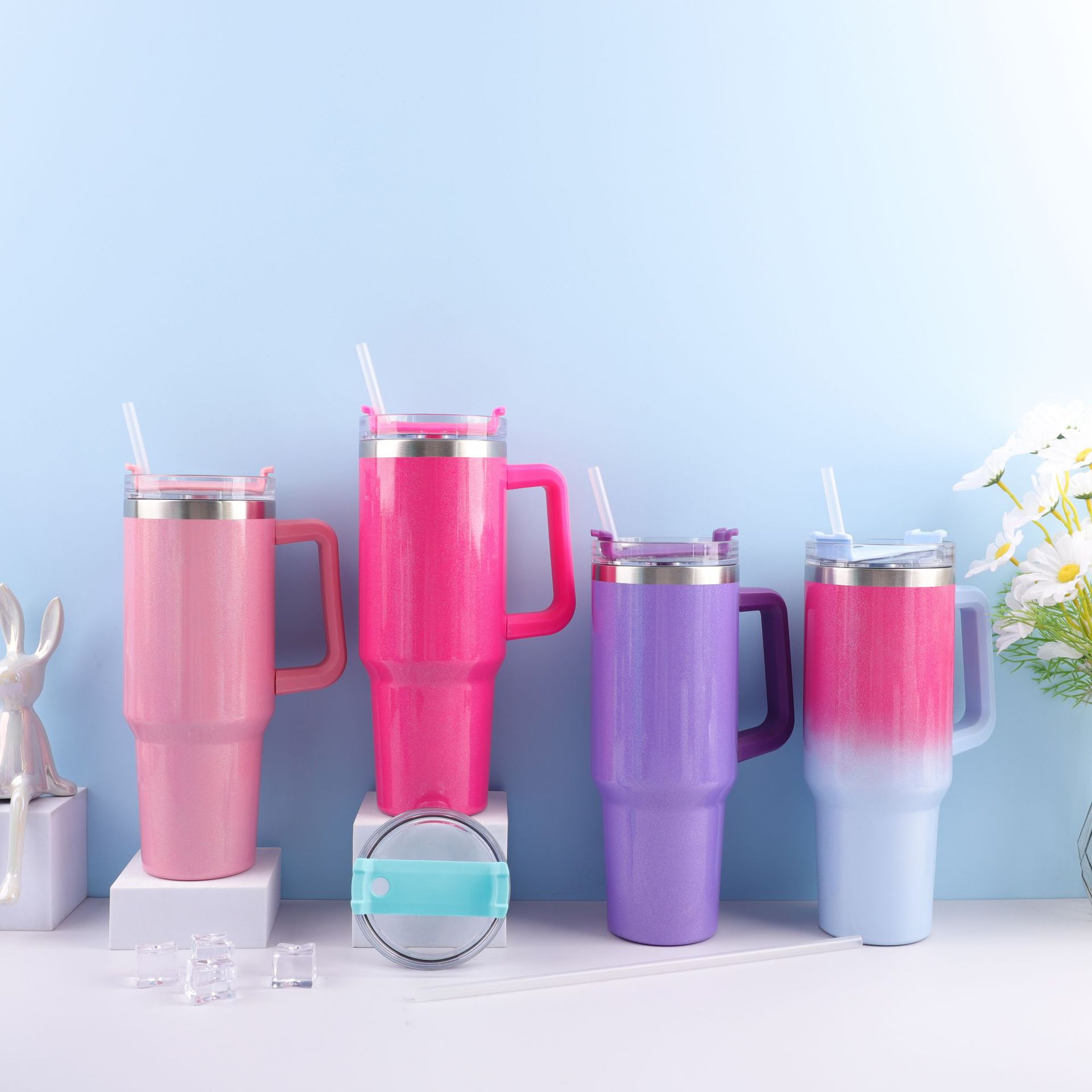 Cross-border 304 pintura del arco iris de acero inoxidable 40Oz Taza del coche paja gradiente hielo escudo Copa montado en el coche de gran capacidad termo taza