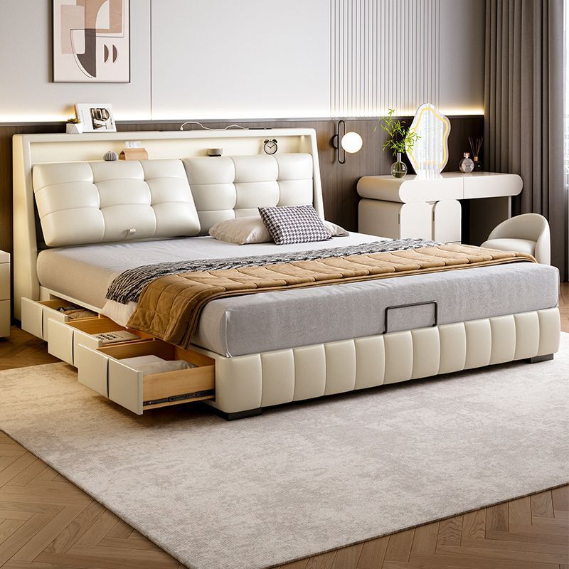 Multifunctional Genuine Leather Bed, High-End 1.8m Master Bedroom Modern Minimalist Double Bed with Adjustable Headboard and Soft Upholstery, Wedding Bed Multifunctional Genuine Leather Bed, High-End 1.8m Master Bedroom Modern Minimalist Double Bed with Adjustable Headboard and Soft Upholstery, Wedding Bed
