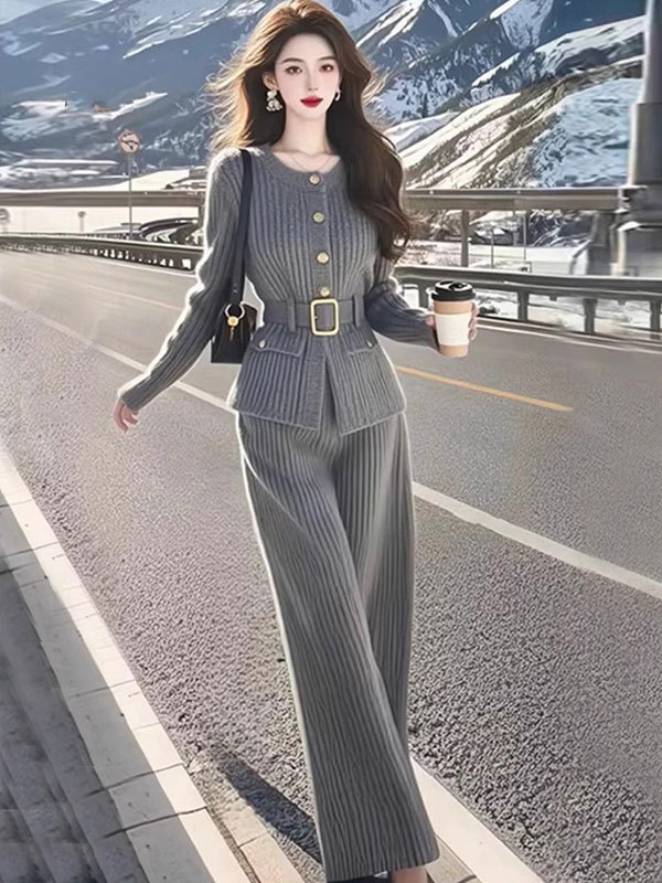 2025秋独特绝美高级感气质显瘦针织外套裤子套装女一整套初冬穿搭|undefined