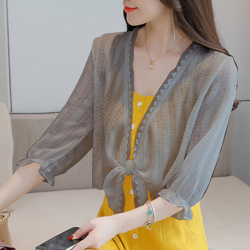 Summer thin outer shawl women's three-quarter sleeve jacket with suspender skirt chiffon top cardigan fairy sun protection clothing