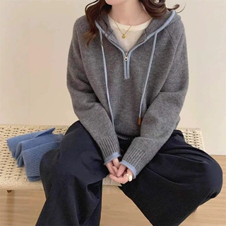 韩系撞色连帽套头毛衣女秋冬新款慵懒风宽松半拉链外穿针织衫上衣