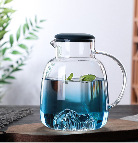 批发家用高硼硅大容量果汁壶渐变蓝色杯观山玻璃冷凉水壶