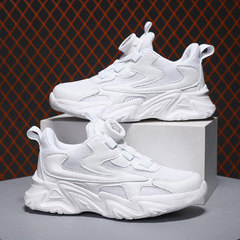 Boys' Sports Shoes 2024 Spring and Autumn New Rotating Button Soft Sole Boys' Student Net Shoes Children's White Shoes