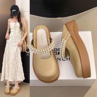 Baotou Slippers for Women 2025 New Spring and Summer French Pearl Fairy Style Thick-Soled Mary Thick-Soled Zhencool