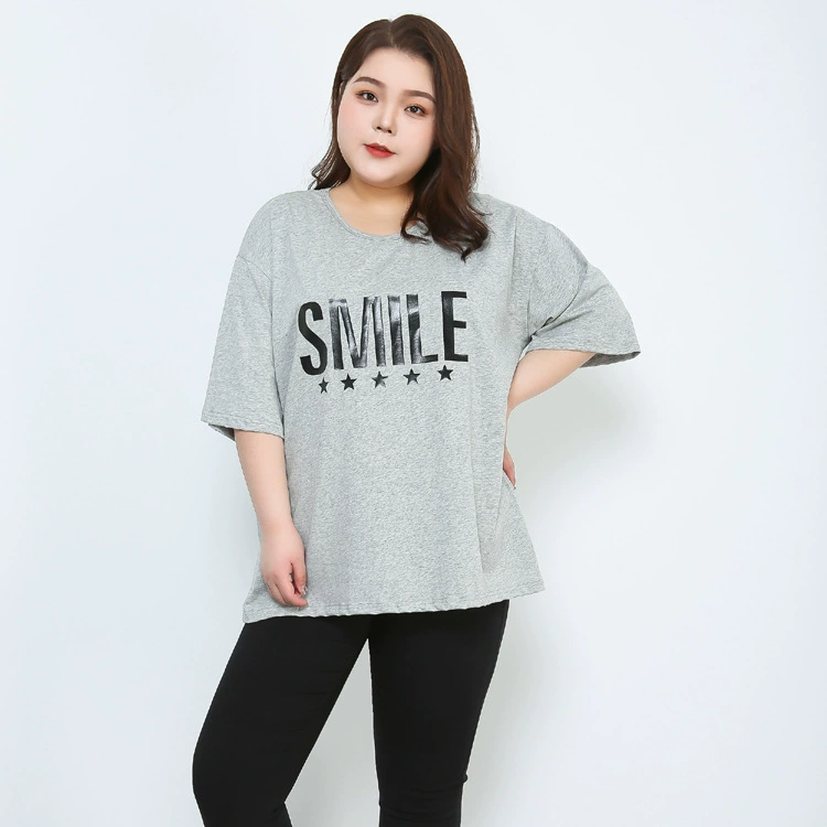 Женская футболка больших размеров из хлопка с коротким рукавом и принтом 300 кг, нижняя рубашка с короткими рукавами, толстая куртка, серое пальто