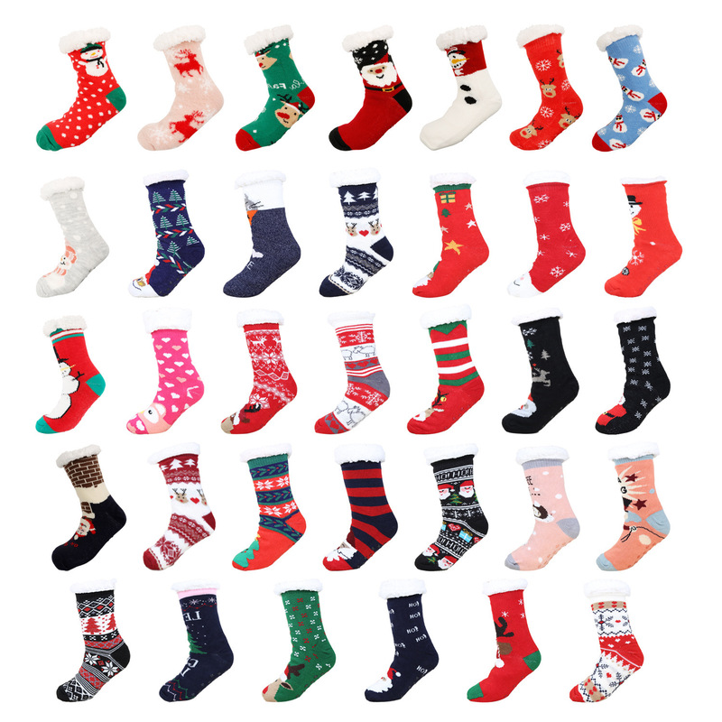 European and American Winter Christmas Cartoon Floor Socks fleece-lined Thickened Adult Children Men and Women Lamb Velvet Socks Slippers Socks