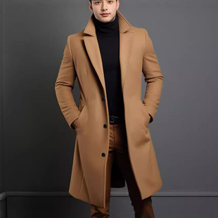 Amazon Export Woolen Outwear Men's Mid-Length Pure Color Woolen Outwear Warm Youth Outwear Jacket