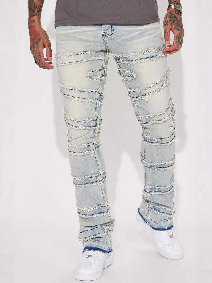Pantalones de herramienta de vaqueros para hombres, pantalones de estilo rectos de moda europeos y estadounidenses, pantalones elásticos de vaqueros laminados, pantalones de hombre