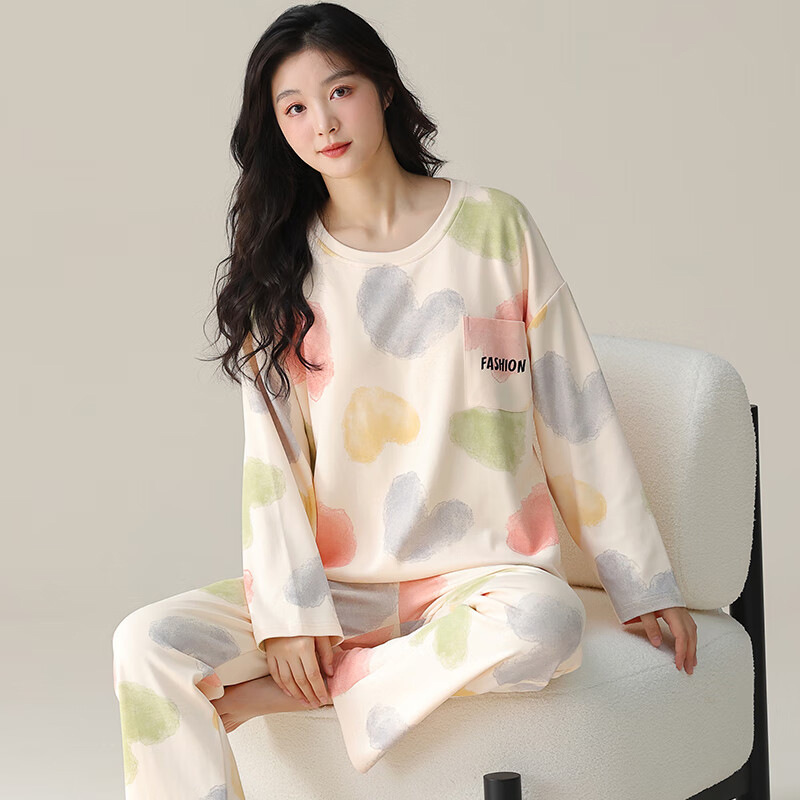 Autumn and Winter Korean Style Round Neck Casual Long-Sleeved Pajamas Women's Suit Painted Peach Heart Sweet Ladies Home Wear Plus Size