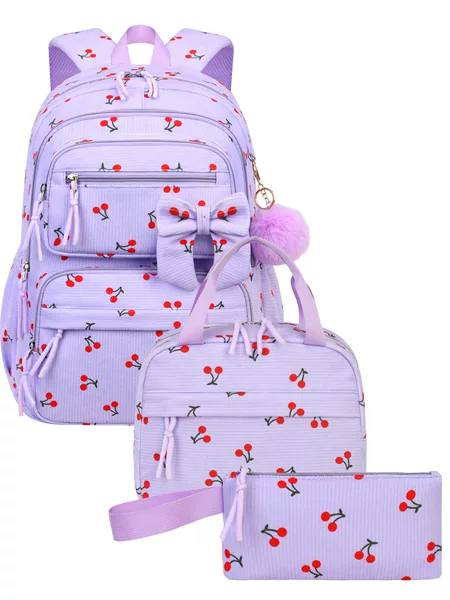 2026Amz New Corduroy Three-Piece Backpack Set with Cherry Pattern, Girly Style, Large Capacity, Lightweight Backpack