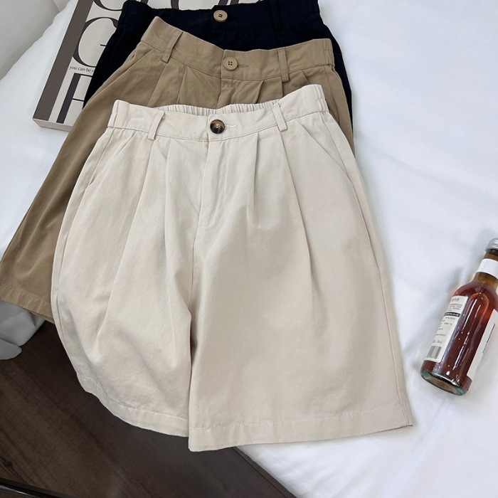 日本のレトロな綿とリネンの女性用夏用ショートパンツ、ハイウエスト、小柄、薄いリネン、ワイドレッグ、カジュアルなAラインの5点パンツ|undefined