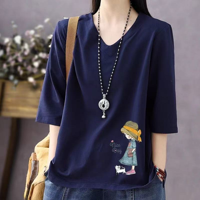 7부소매 하의 2025 신상 여름 스타일 루즈하고 슬림하며 스타일리시하고 활용도가 높은 탑 플러스 사이즈 브이넥 여성 티셔츠