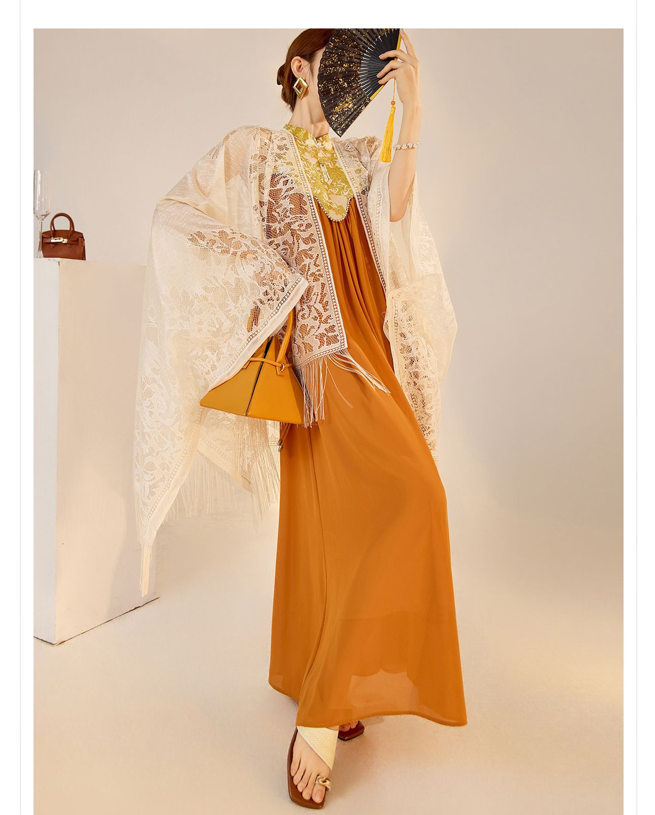 Áo cardigan rộng rãi tua rua dạng đan rỗng, phong cách sang trọng nhẹ nhàng — Màu trắng be chi tiết 8