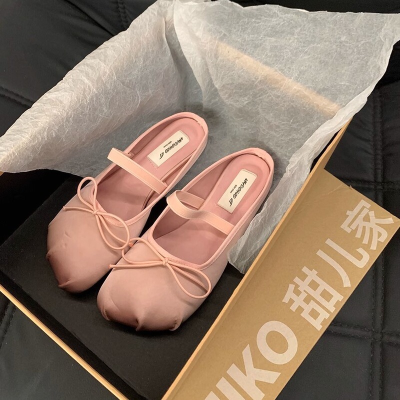 Flat Bow Pink Baotou Half Slippers Women's Shoes Outer Wear 2024 Spring and Summer Mary Jane Ballet Sandals