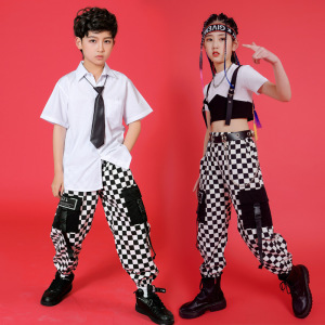 Black white plaid rapper Jazz dance performances outfits of the girls dress tide children suit stylish shirt boy hip-hop dance costumes