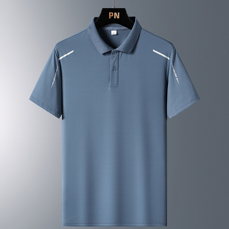 Camiseta polo de hombre de manga corta con solapa de secado rápido, camiseta elástica de hielo ligera, negocios casuales, verano, nueva camiseta de mediana edad con media manga.