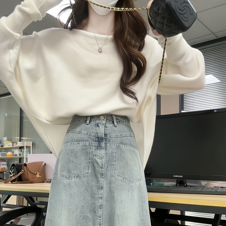 春秋一整套穿搭2025新款慵懒风不规则一字领毛衣百搭牛仔裙两件套|undefined