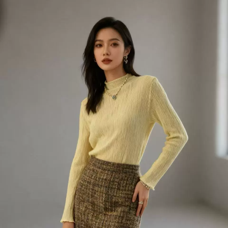 三宅半高领肌理感修身内搭女秋冬季套头绵羊毛针织打底衫叠穿上衣