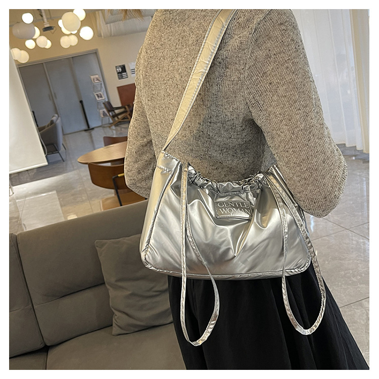 Candy colored new letter printed drawstring shoulder niche design dumpling women's armpit bag_voghion.com