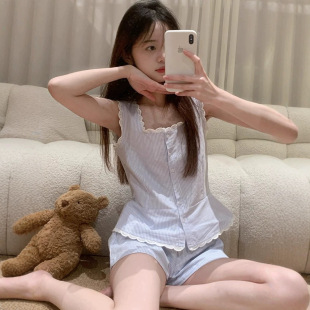 Sweet Girl Style Lace 2025 New Cloud Cotton Sling Shorts Striped Home Clothes for Outer Wearing suit