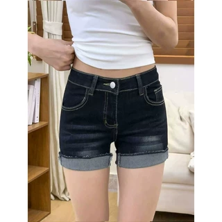 高腰卷边牛仔短裤女夏季薄款美式弹力复古显瘦辣妹设计感a字热裤