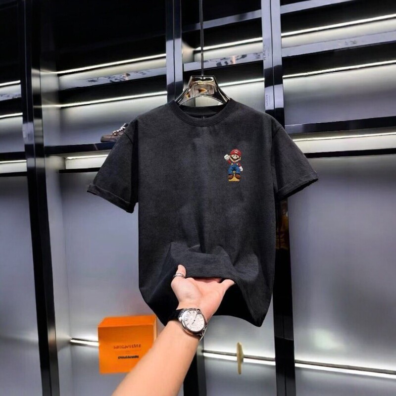 Summer new loose short-sleeve T-shirt for women, trendy brand cartoon tie-dye Mario print casual couple's top for women