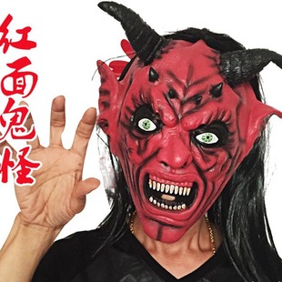Halloween long hair red face Horn mask carnival bar scary Devil scary pullover red face black hair mask
