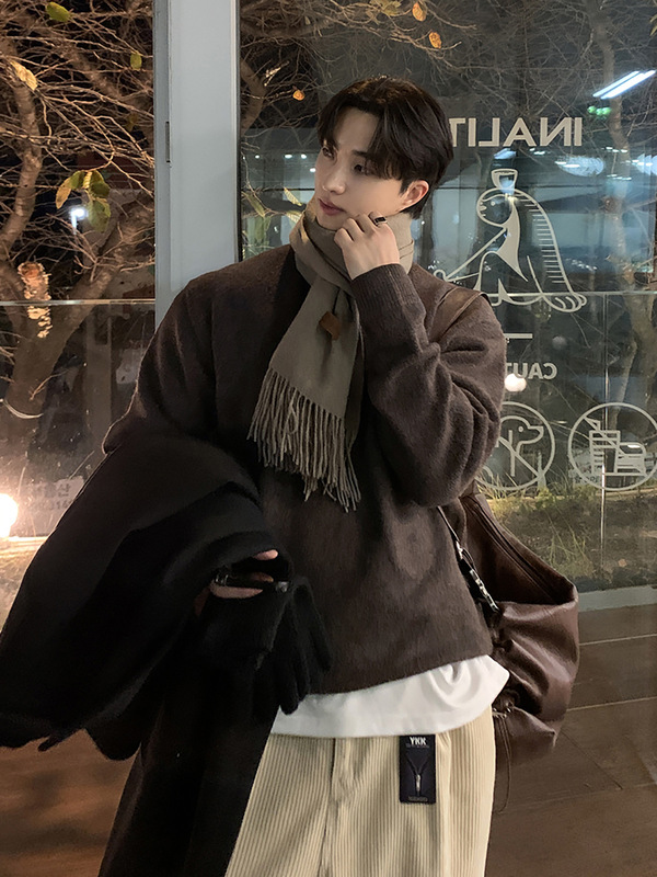 ASCLO青年老钱风纯色圆领毛衣休闲潮流韩版高端套头美拉德针织衫|undefined