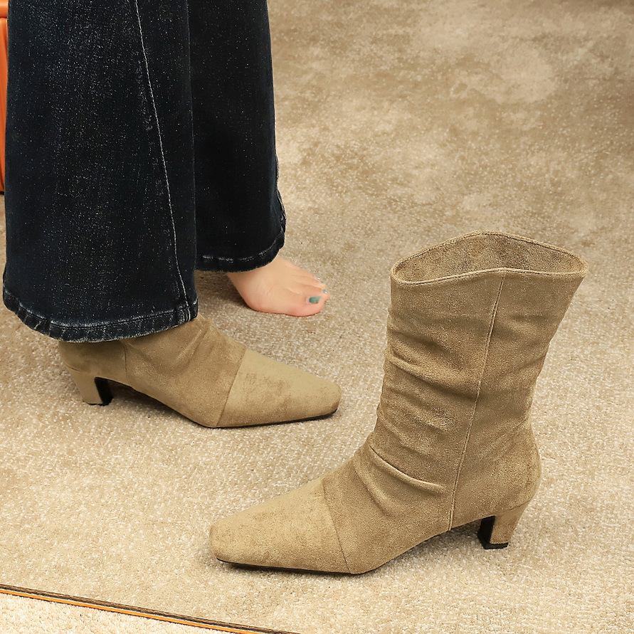 813-2 Retro Style Square Toe Western Cowboy For Women, Chunky Heel Suede Wrinkled Slouch , Fashion Mid-Calf Riding_voghion.com