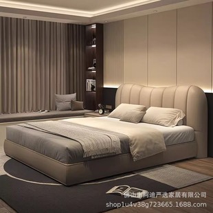 Wabi-Sabi Style Leather Double Bed Leather Bed Solid Wood Bed Small Apartment Master Bedroom Wedding Bed Side Sleeper Furniture Storage Bed
