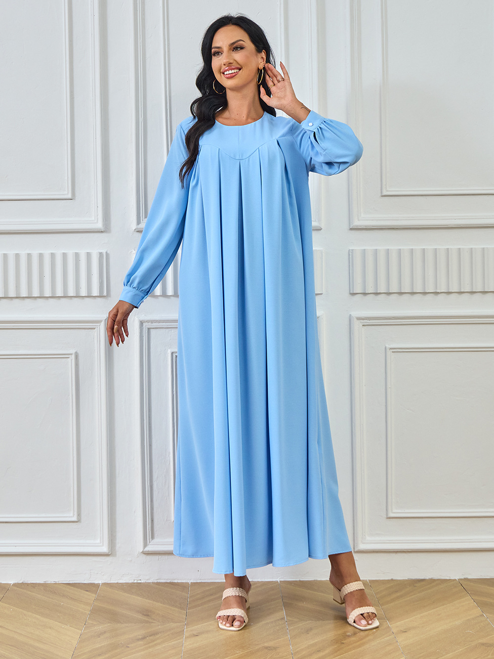 New Abaya Arab Cross-border Middle Eastern Muslim Robe Long-sleeved Solid Color Large Hem Dress Long Skirt Women's_ecoleips.com