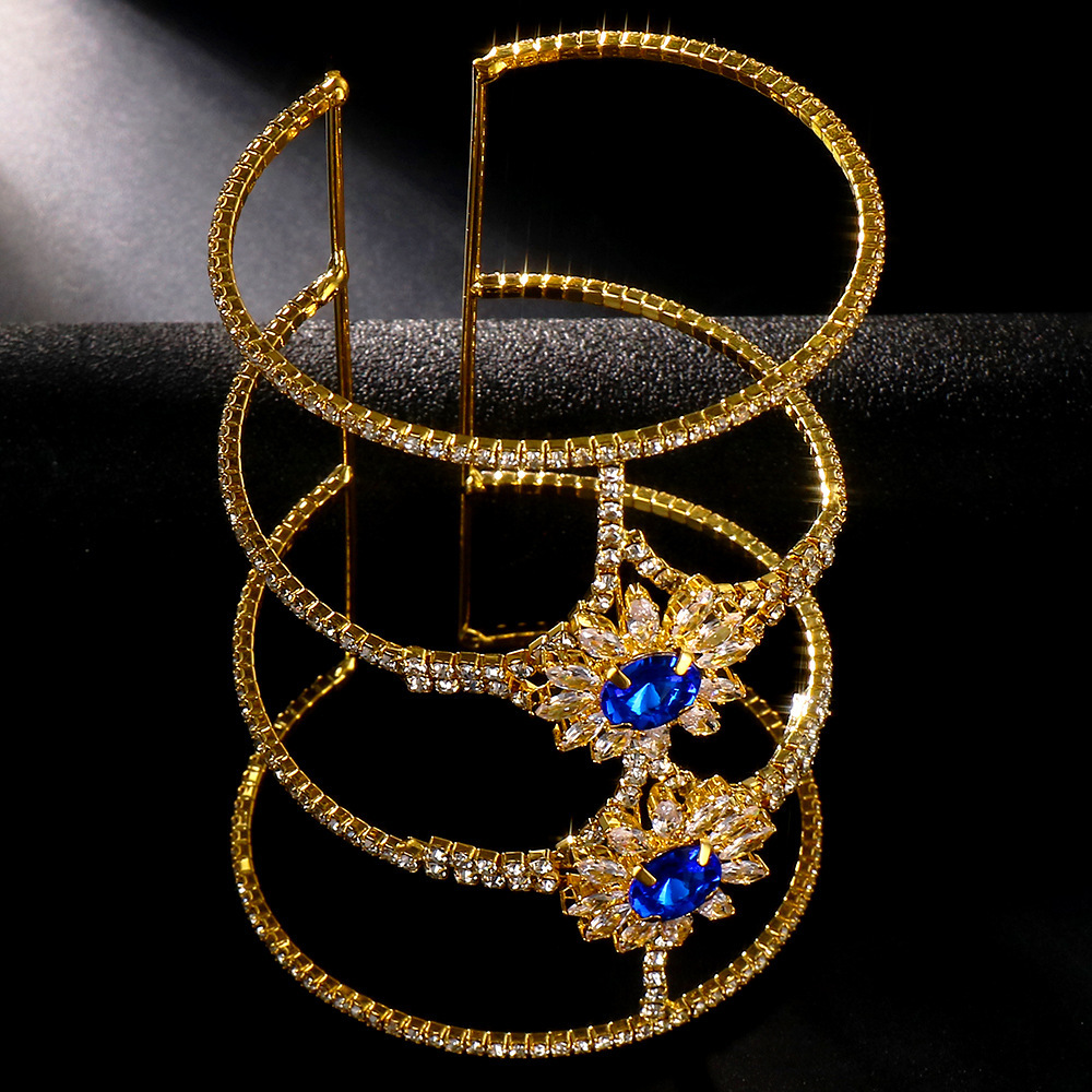 Europea y americana azul rhinestone anillo multi-capa pulsera diseño incrustado ZIRCON pulsera abierta de las mujeres pulsera