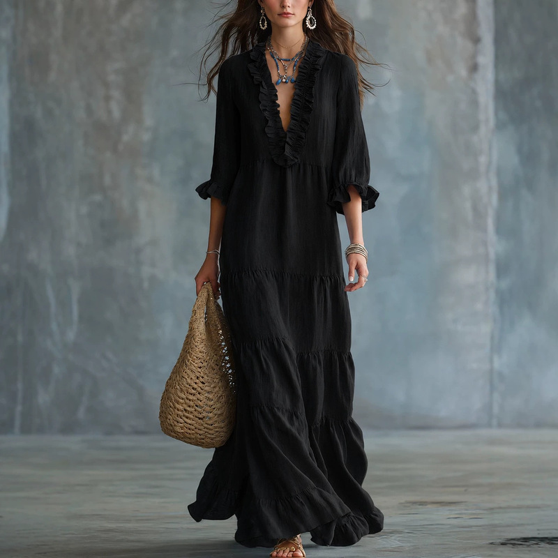 European and American cross-border Amazon women's bohemian V-neck layered casual flowy long ruffle dress European and American cross-border Amazon women's bohemian V-neck layered casual flowy long ruffle dress