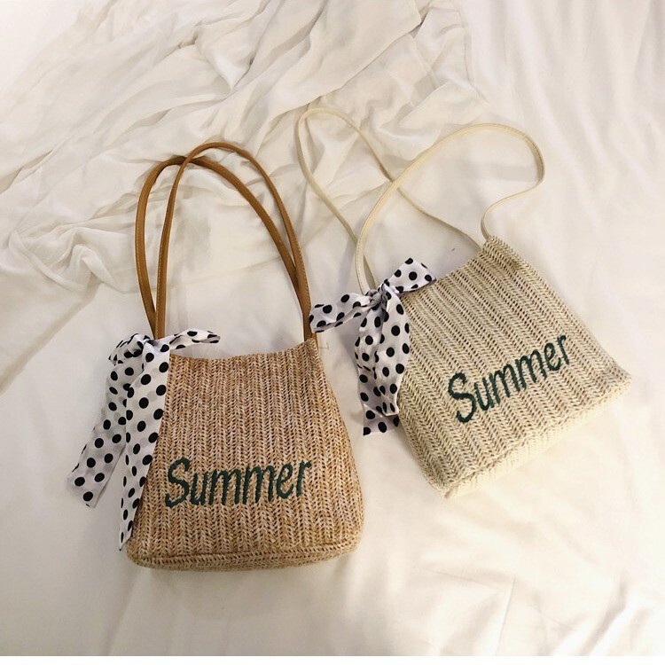 2026 Summer New Style Silk Scarf Decorated Straw Bucket Bag Korean Fashion Woven Women's Bag Export Handbag Shoulder Bag