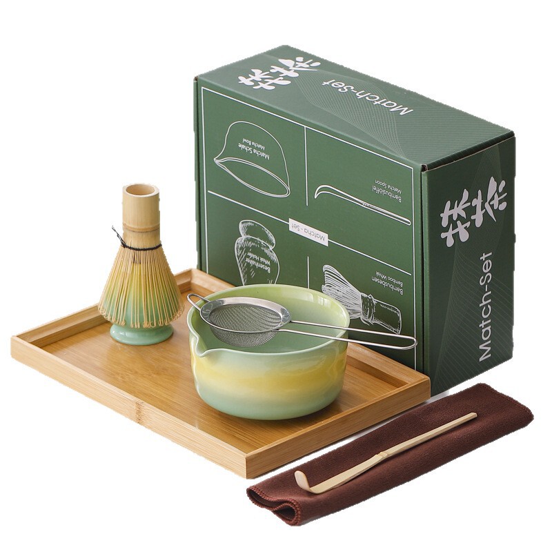 新しい 6 ピース抹茶グリーンセラミック抹茶ボウル抹茶ツールセットギフトボックス茶筅 Baibenli|undefined