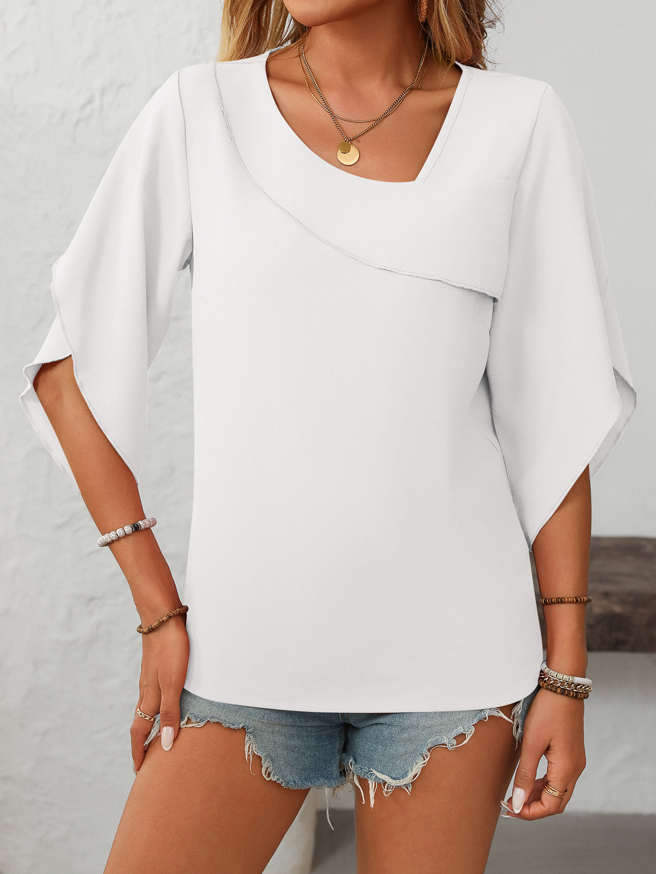 Summer Women Clothing Casual Oblique V neck Chiffon Puffed Sleeves Top 14 Summer Women Clothing Casual Oblique V neck Chiffon Puffed Sleeves Top