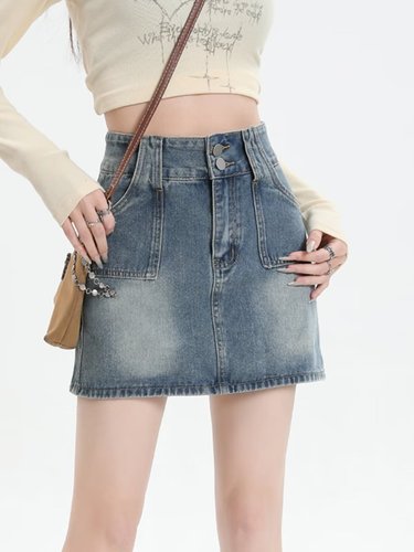 A-line skirt with lining, high-waisted denim skirt, 2024 Hong Kong-style new arrival spring women's half-body dress, simple style