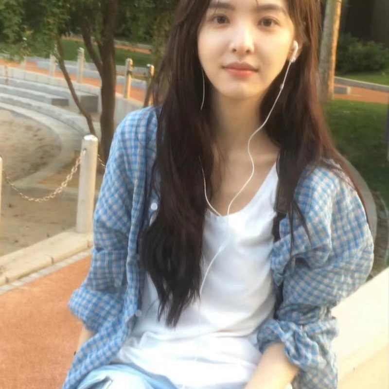 Now/Korea Dongdaemun Same Style Zhang Ruonan Blue Plaid Bubble Cotton Shirt Long-Sleeved Loose Thin Top New Style