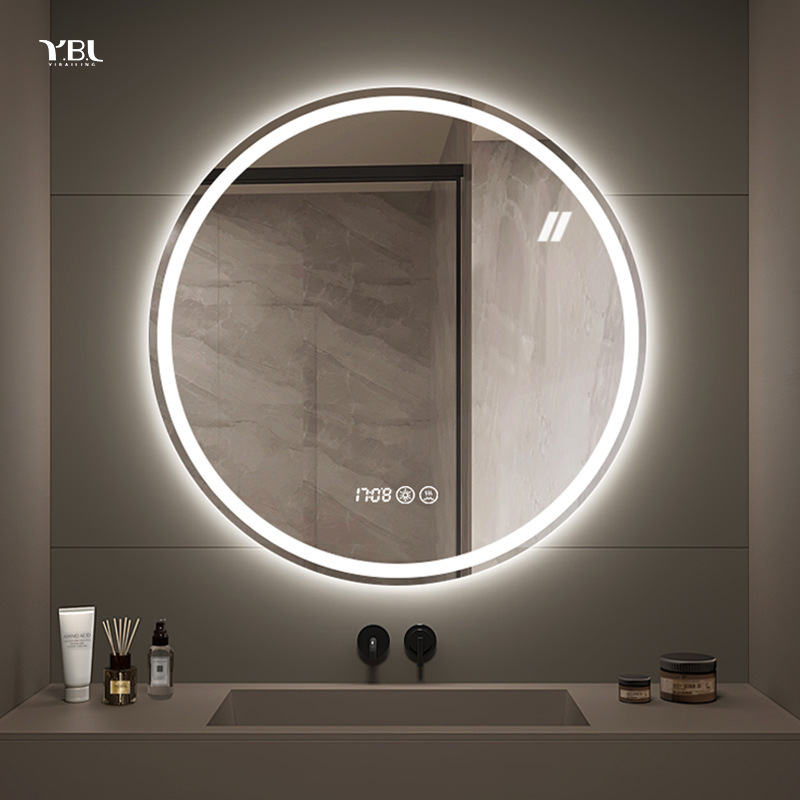 Espejo de baño inteligente con pantalla táctil LED, espejo redondo antivaho montado en pared para maquillaje