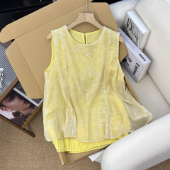 夏の新しい新しい中国風のシャツノースリーブベスト女性のルーズデザイン裾プリーツトップ多用途カジュアル