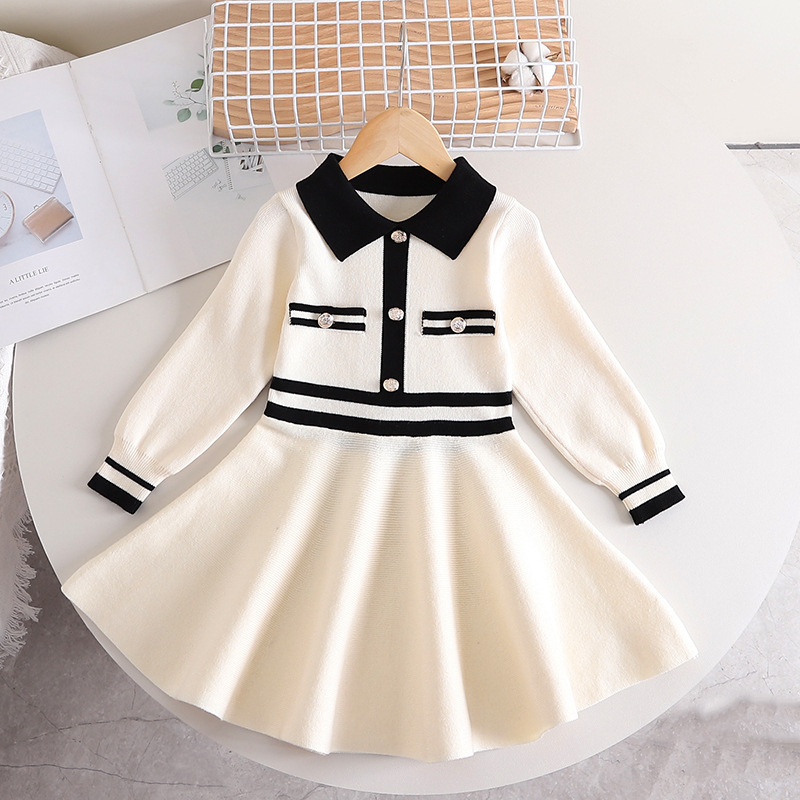 Children's reverse collar sweater fashionable western-style slim fit knitted dress, girl's big_voghion.com